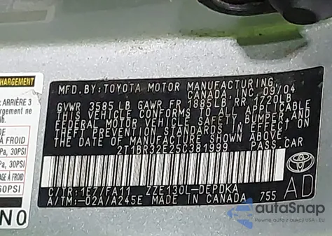 2005 Toyota Corolla Ce z USA, uszkodzony, nr VIN 2T1BR32E25C381999